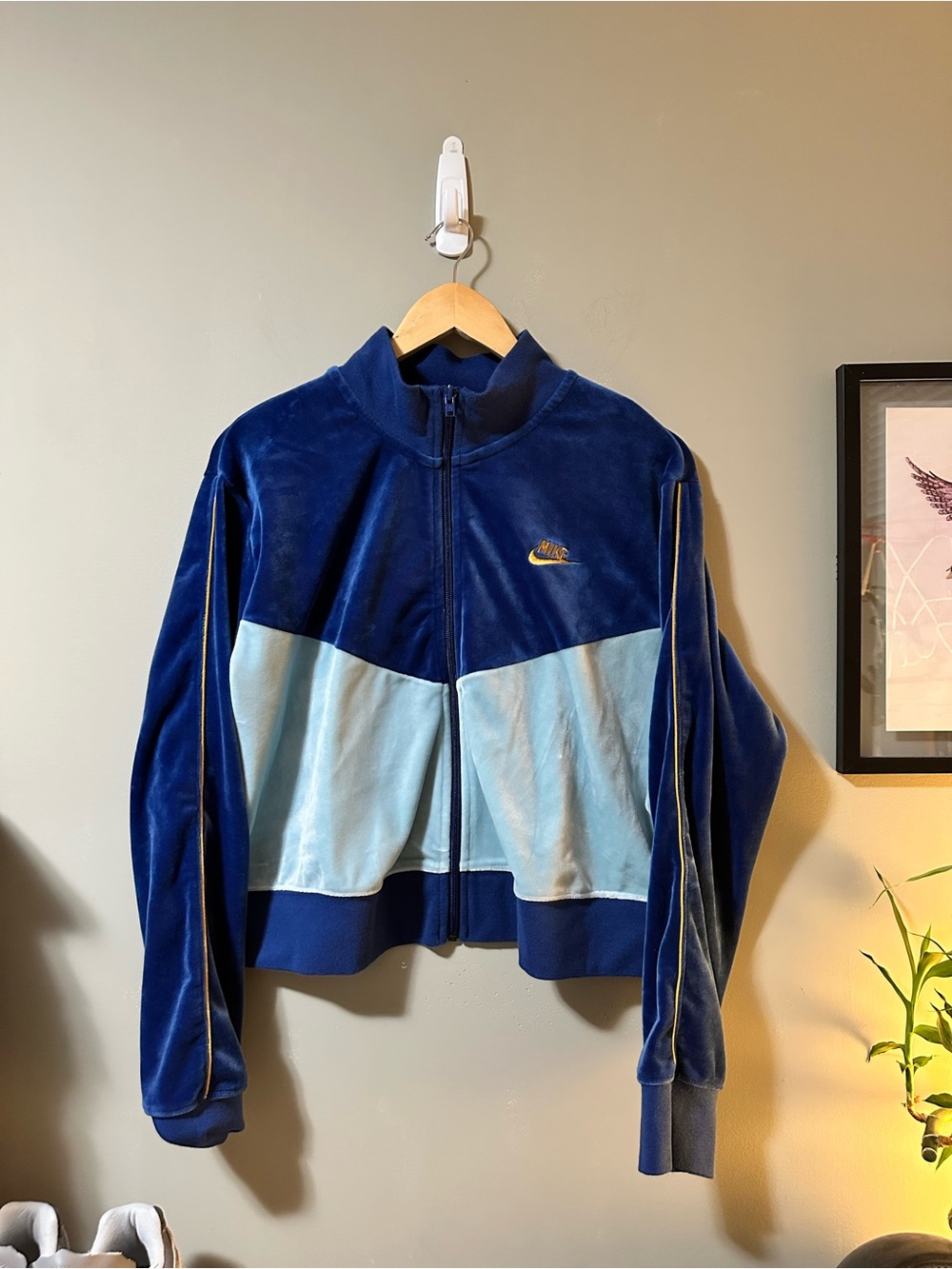 Nike Women's Navy and Light Blue Velour Bomber Jacket